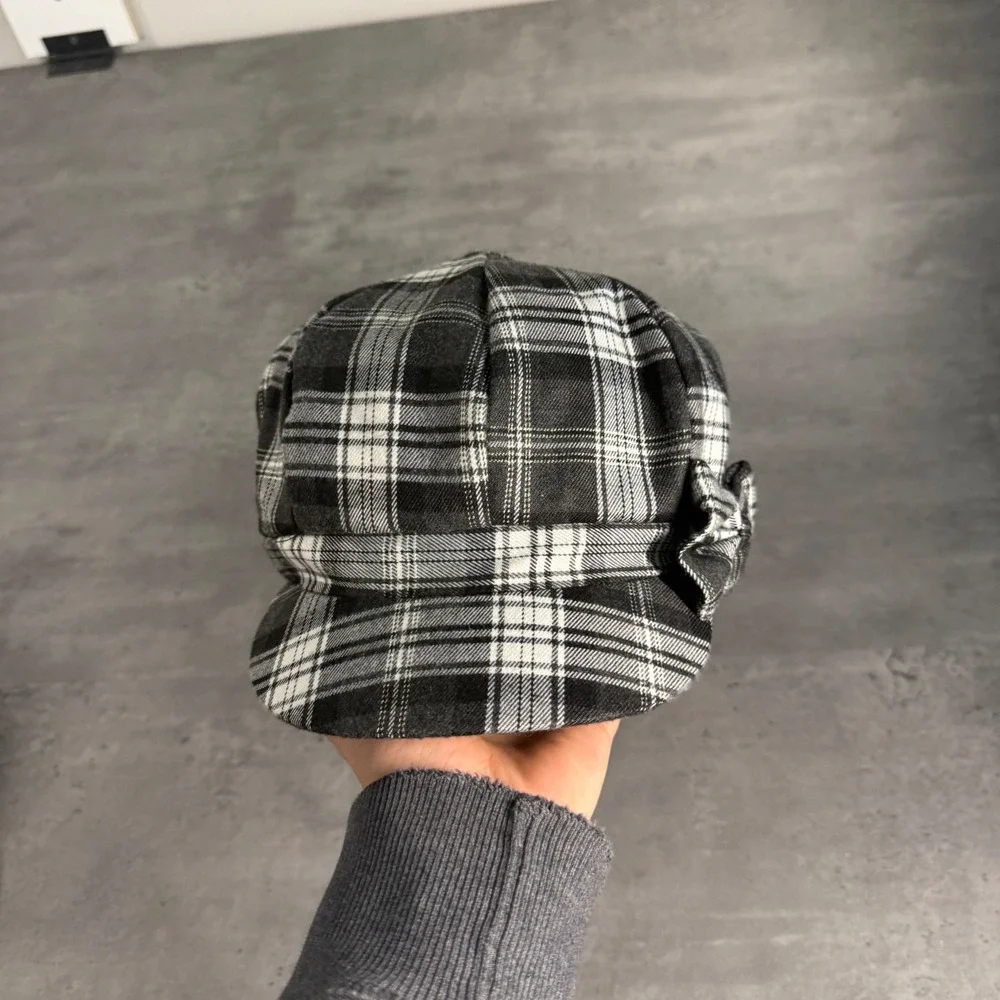 Newsboy Cap Women OS Black White‎ Plaid Bow Baker Boy Cabbie Hat Polo Twee Core